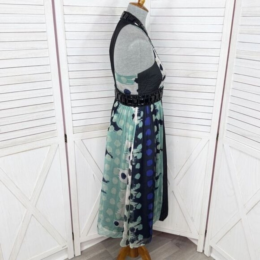 Zara Beaded Silk Pleated Multi Pattern Fit Flare Halter Dress Black Teal Medium - Picture 3 of 15